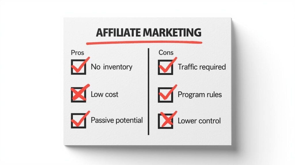 Two-column pros and cons card for affiliate marketing.