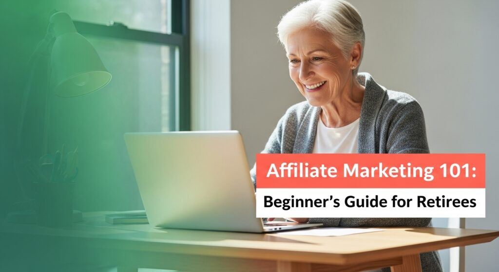 affiliate marketing 101 hero: retiree at laptop with teal‑to‑emerald gradient and full title overlay