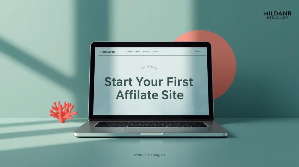 Start your first affiliate site — laptop with clean site mock and title overlay