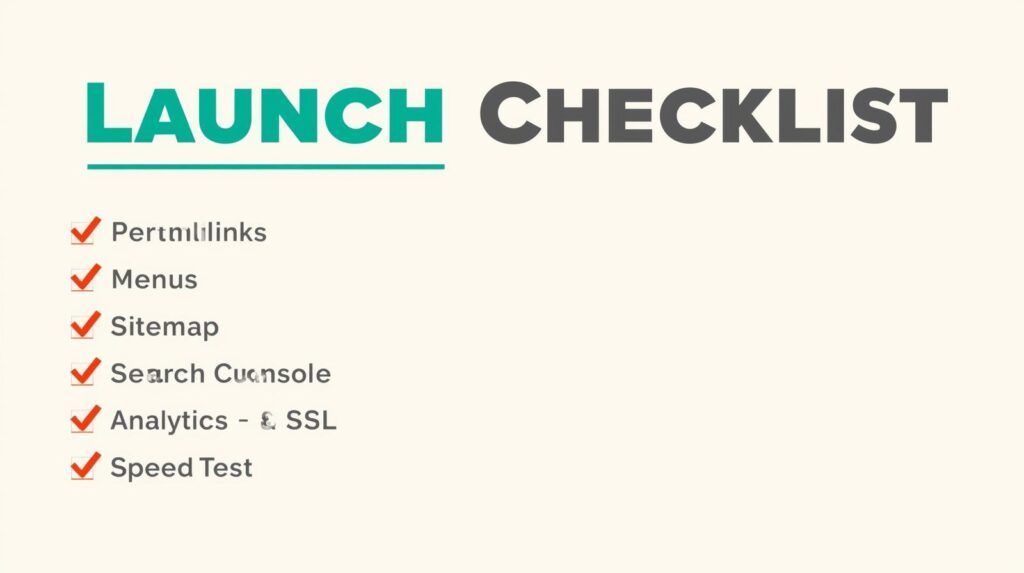 Launch checklist including permalinks, menus, sitemap, Search Console, Analytics, SSL, speed test