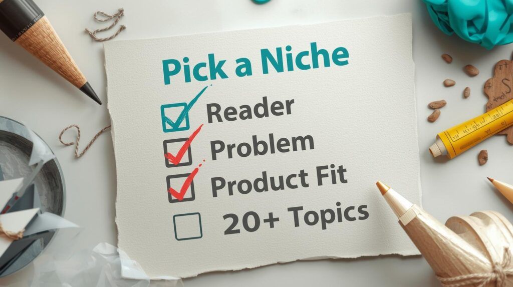 Niche checklist: reader, problem, product fit, list 20+ topics