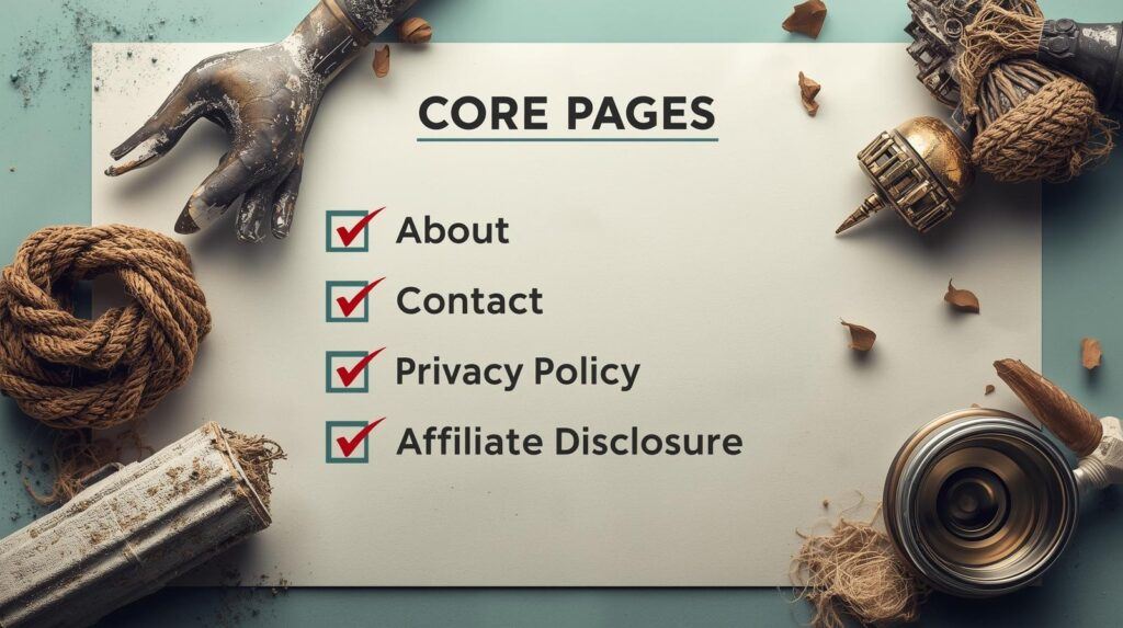 Core pages checklist: About, Contact, Privacy Policy, Affiliate Disclosure