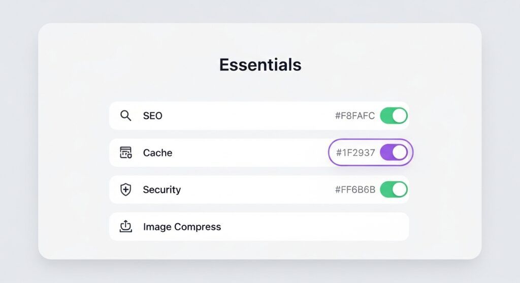Plugin essentials panel: SEO, cache, security, backup, image compression