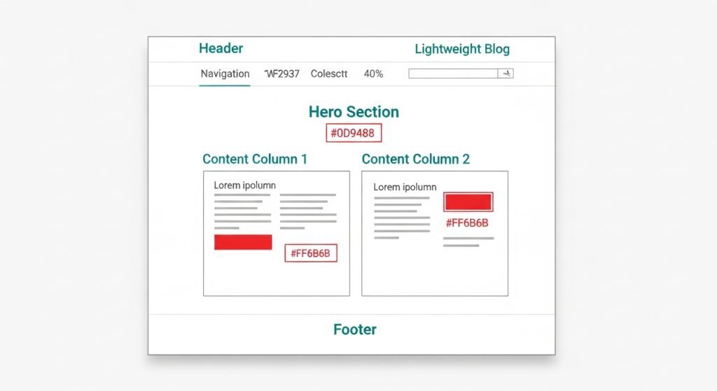 Lightweight blog theme wireframe with header, nav, content, footer