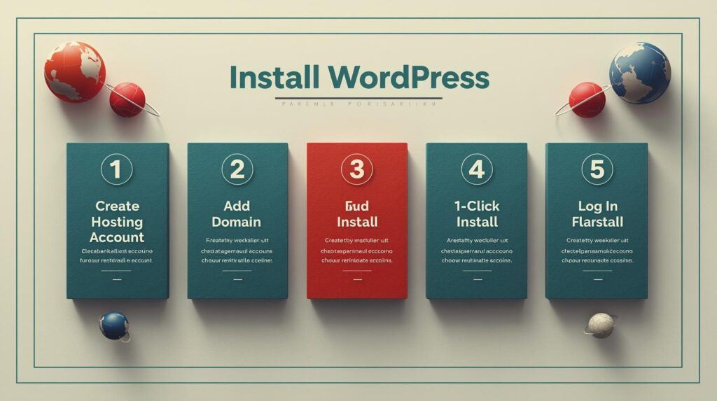 Install WordPress in five steps: account, domain, SSL, 1-click install, log in