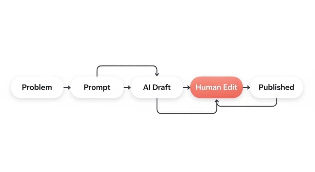 Flow diagram showing AI helper workflow from problem to published post.