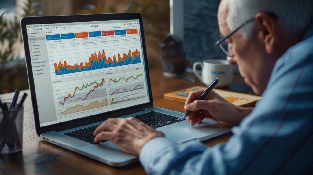 Retiree reviewing Google Analytics charts on laptop