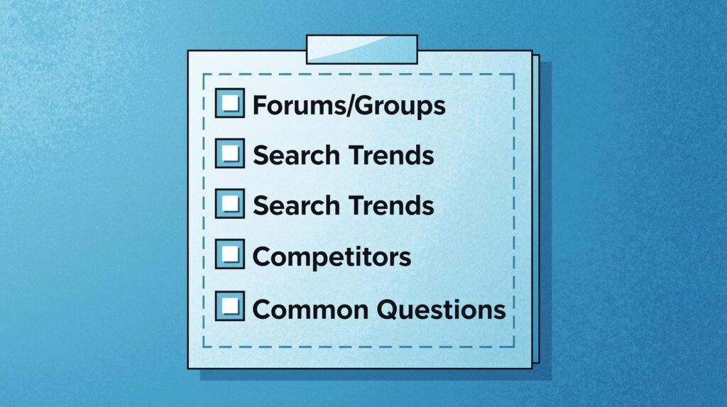 audience and demand checklist — forums, trends, competitors, questions — blue gradient