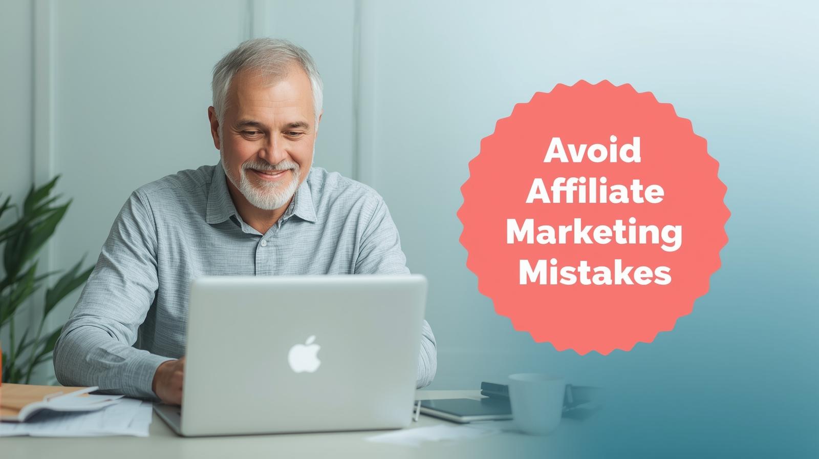 Retiree at desk with laptop, smiling, coral badge reading “Avoid Affiliate Marketing Mistakes.”