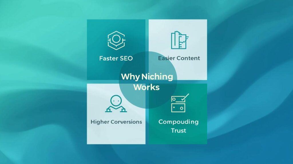 benefits of niching — faster SEO, easier content, higher conversions, compounding trust
