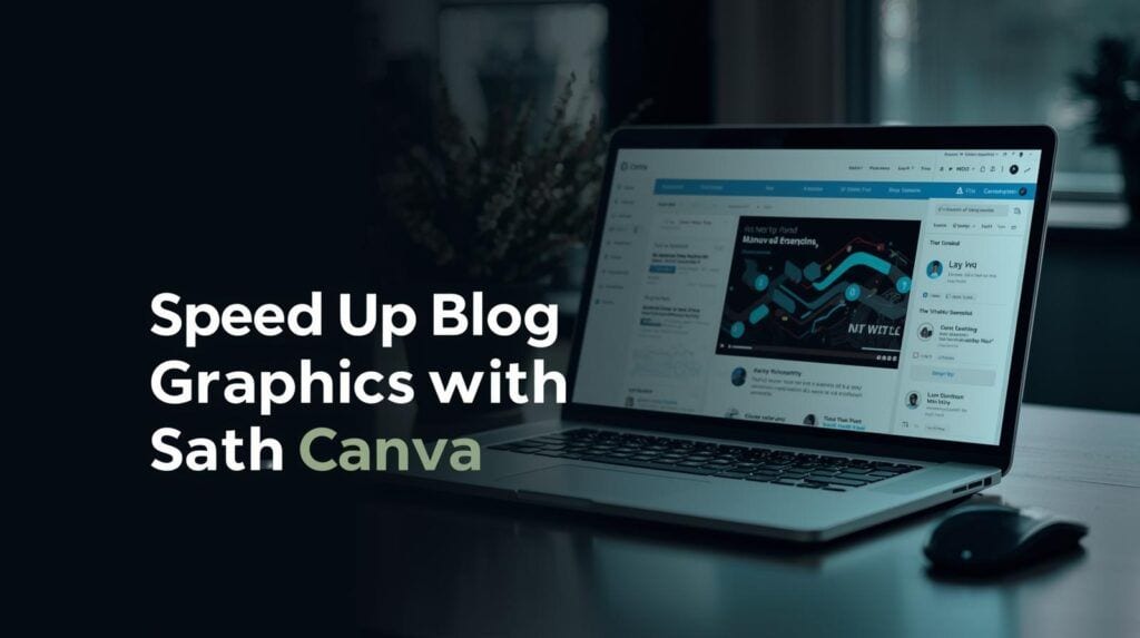 Speed up blog graphics with Canva - How to speed up blog graphic creation with Canva—desk with laptop and title text overlay