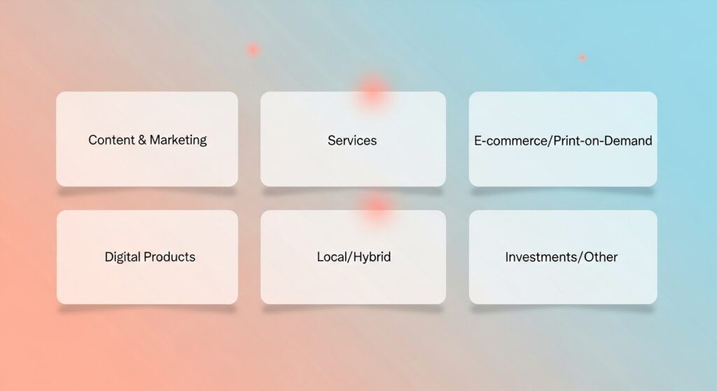 Grid of categories for online business ideas: content, services, e‑commerce, digital products, local, other.