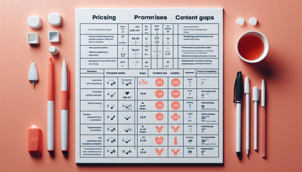 Matrix comparing three competitors on price, promise, content gaps, and offers.