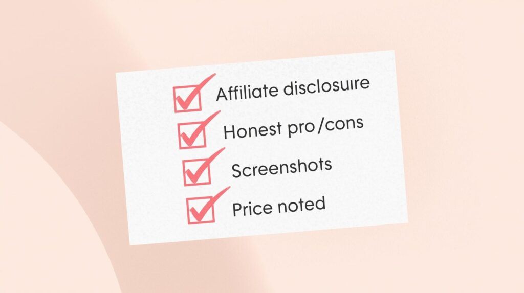 Compliance checklist card for affiliate posts: disclosure, pros/cons, screenshots, price.