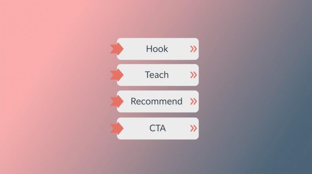 Four-step content ladder: Hook, Teach, Recommend, CTA.