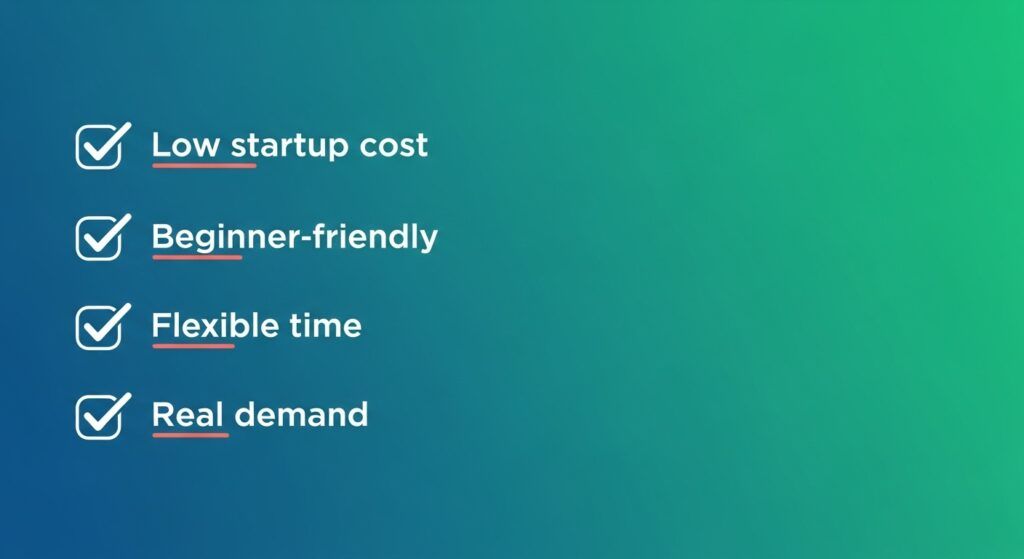 Poster listing selection criteria: low cost, beginner‑friendly, flexible time, real demand.