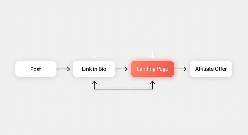 Flow diagram from post to link in bio to landing page and affiliate offer.