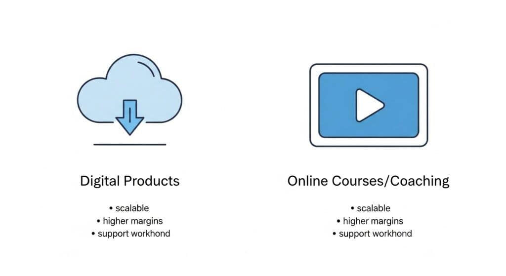 Icons representing digital downloads and online courses with notes on scalability and support.