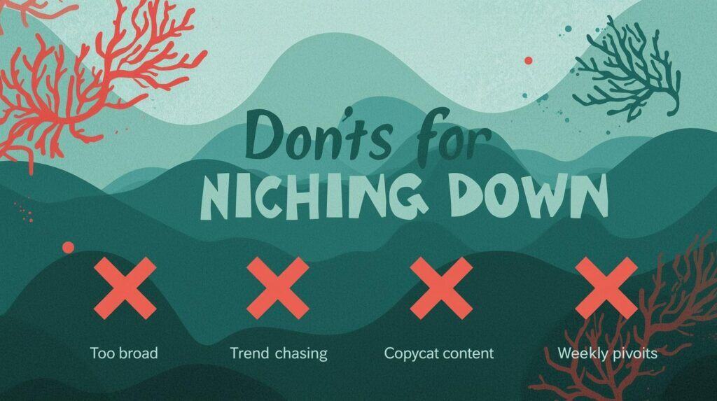 don’ts for niching down — too broad, chasing trends, copying, changing weekly
