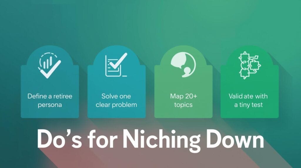 do’s for niching down — define persona, one problem, 20+ topics, tiny test