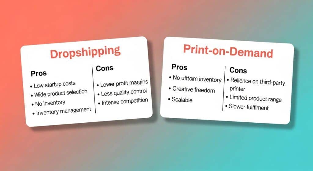 Side-by-side pros and cons cards for dropshipping and print-on-demand.