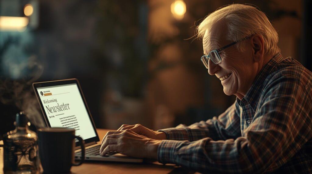 Retiree writing an email newsletter at laptop with coffee nearby.