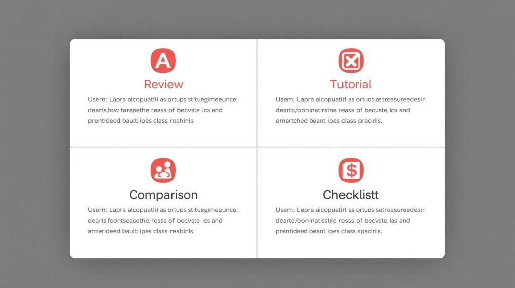 Grid of high-converting content formats: Review, Comparison, Tutorial, Checklist.