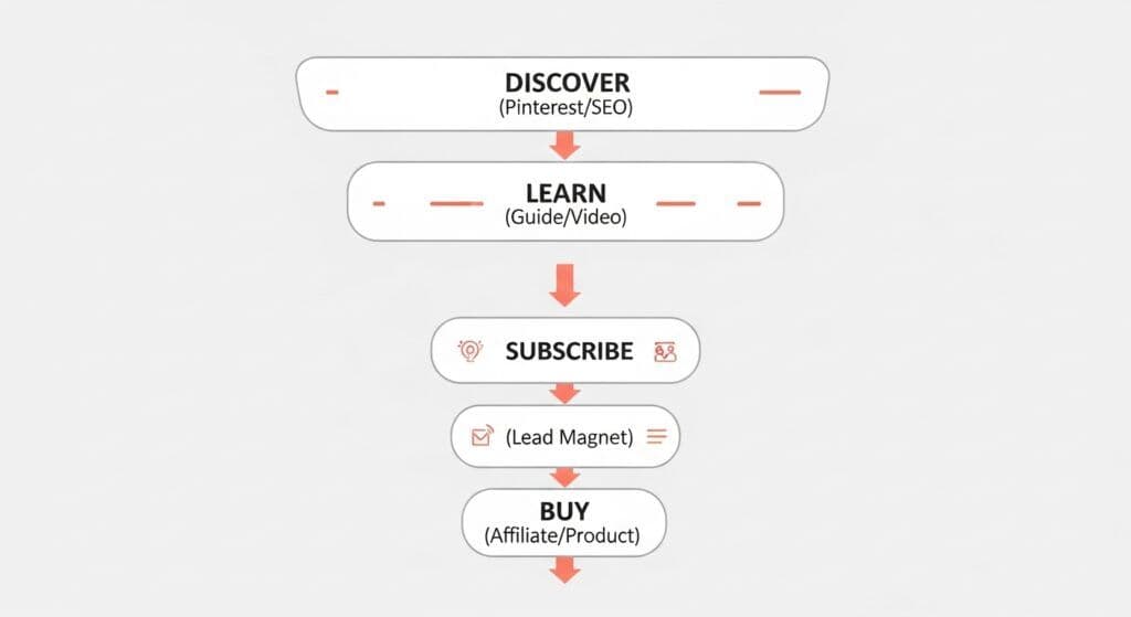 Simple funnel showing discover, learn, subscribe, and buy steps.