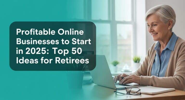 Retiree researching profitable online businesses for 2025 on a laptop with teal background.