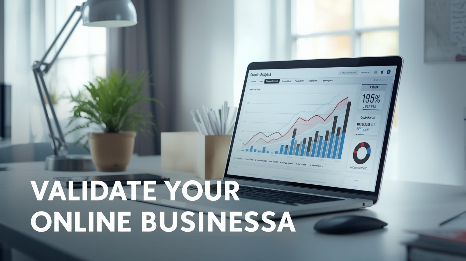 validate your online business idea — blue gradient hero with idea icon flowing to checkmark