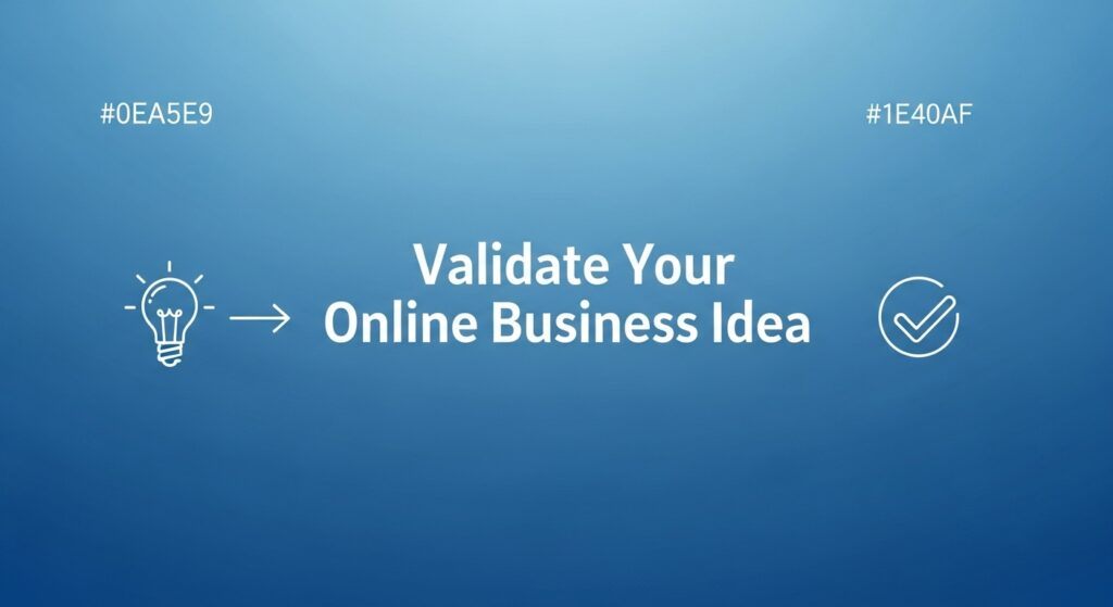 validate your online business idea — blue gradient hero with idea icon flowing to checkmark