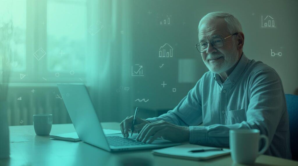 Retiree planning an online business plan at a laptop