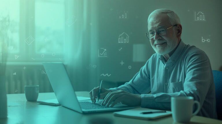 Retiree planning an online business at a laptop