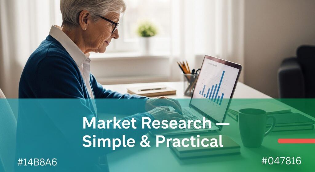 Retiree reviewing simple charts for market research for online business at a home desk.