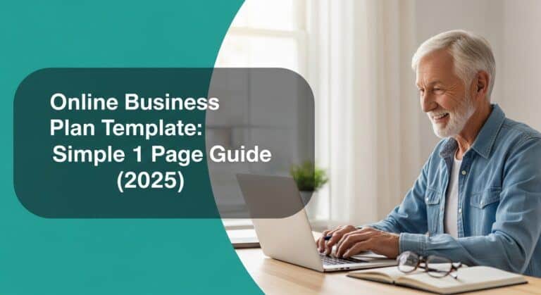 Retiree typing on a laptop with teal-to-emerald gradient and title overlay for an online business plan template.