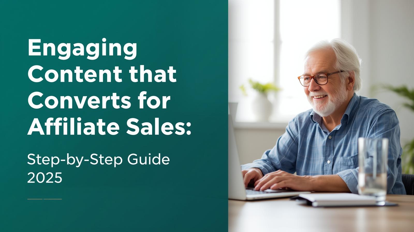 Retiree at laptop with teal-to-emerald gradient and title overlay forRetiree at laptop with teal-to-emerald gradient and title overlay for engaging content that converts for affiliate sales..