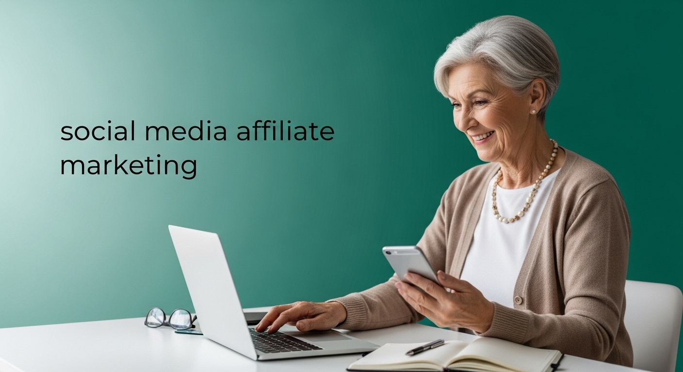 Retiree using a laptop with social media on screen, teal background.