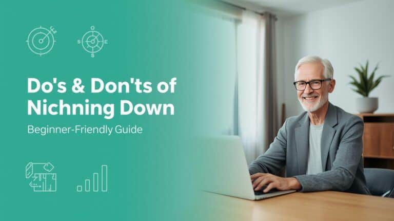 niching down online business — retiree planning a niche strategy on a laptop with teal‑emerald gradient