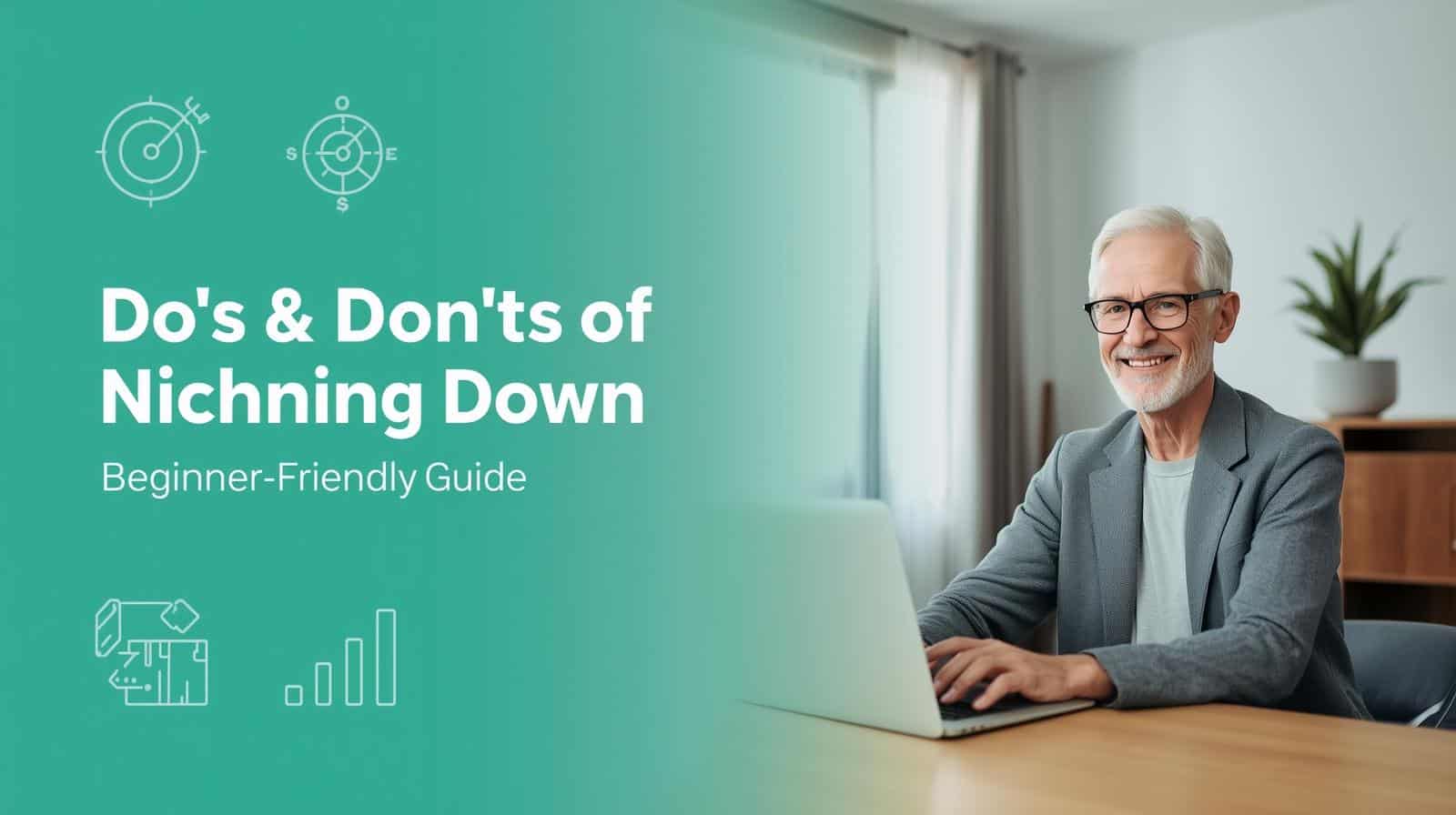 niching down online business — retiree planning a niche strategy on a laptop with teal‑emerald gradient