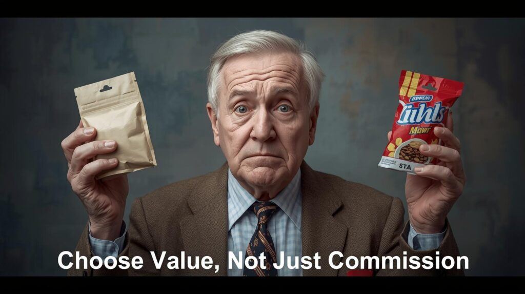 Retiree comparing two products, confused, caption: “Choose Value, Not Just Commission.”
