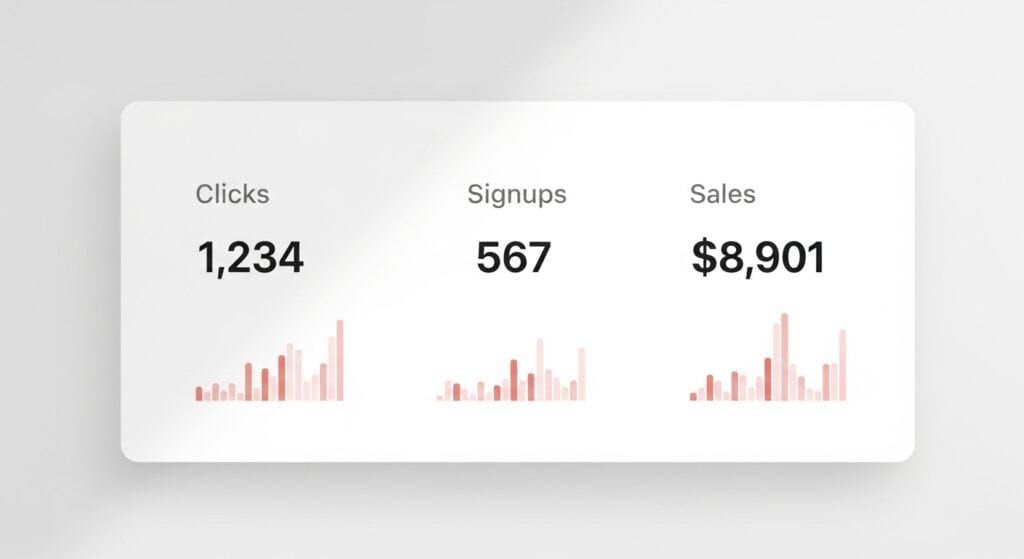 Small dashboard showing clicks, signups, and sales.