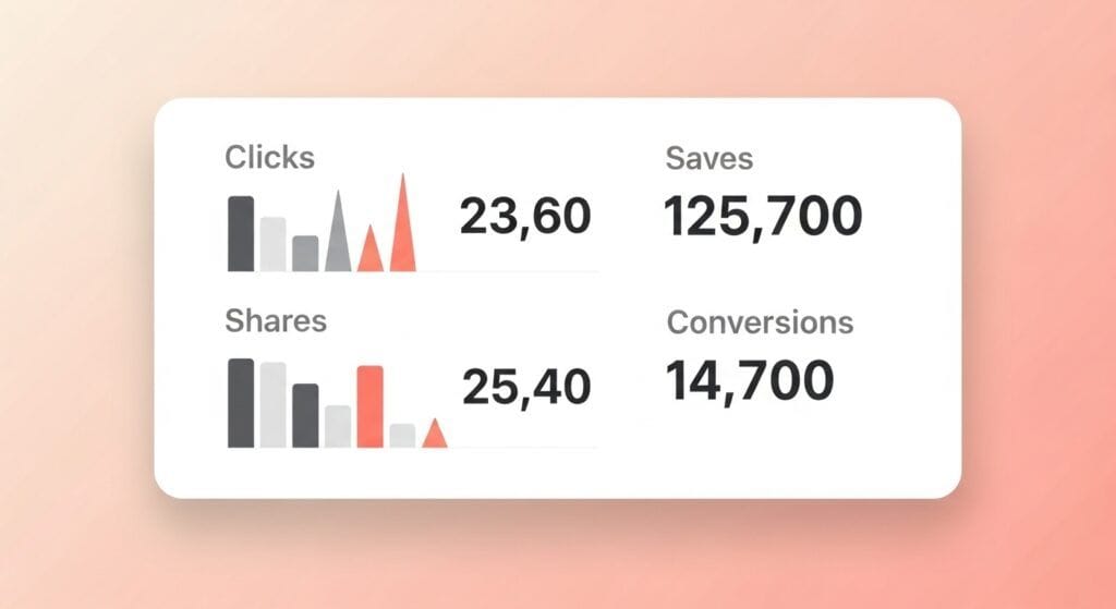 Minimal analytics dashboard with clicks, saves, shares, and conversions.
