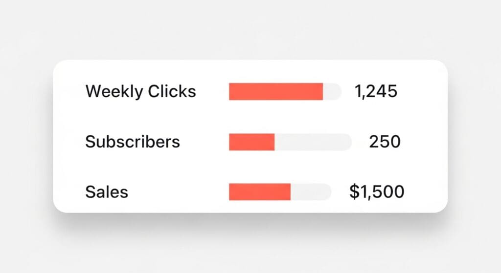 Small dashboard card showing clicks, subscribers, and sales metrics.