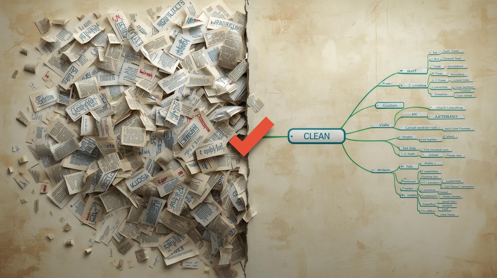 Comparison of cluttered mind map vs clean, focused mind map