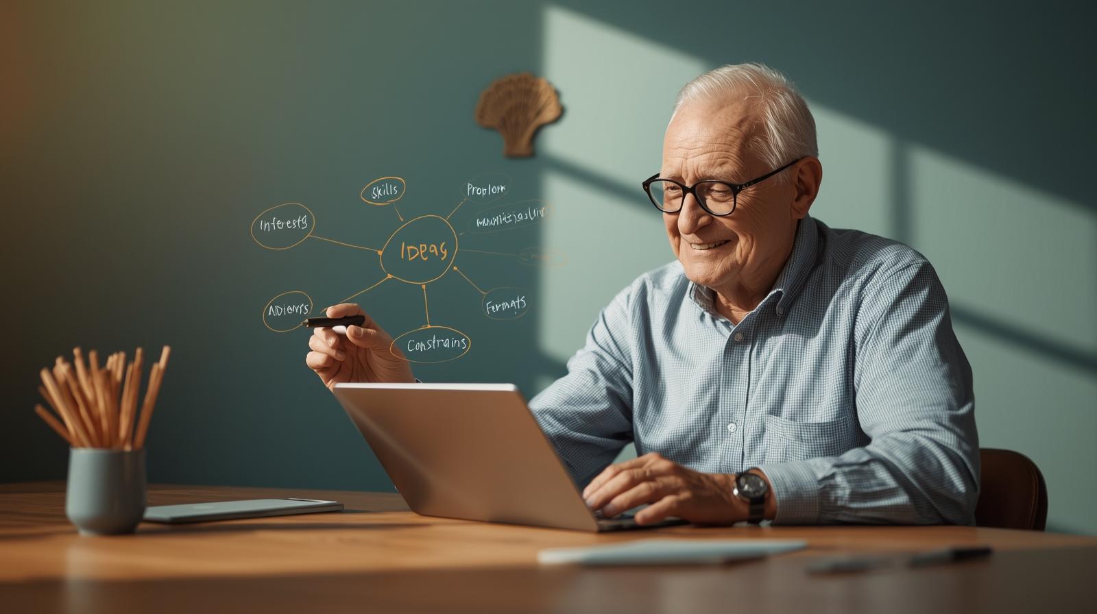 Mind mapping for business ideas—retiree sketching a simple map on a tablet