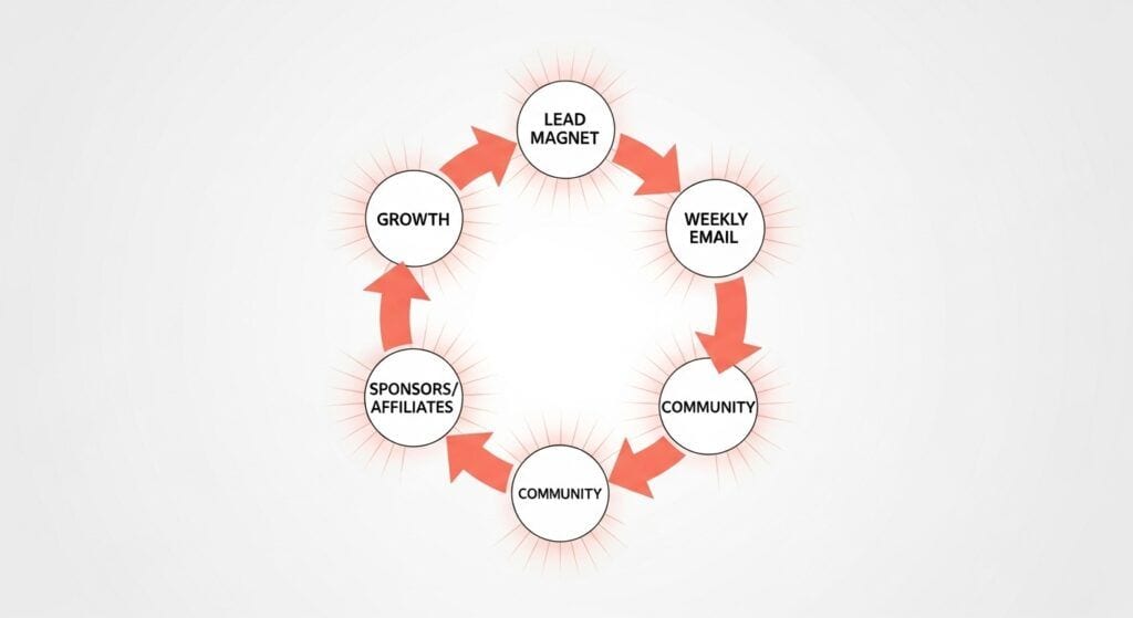 Flywheel diagram for newsletters and communities driving growth.
