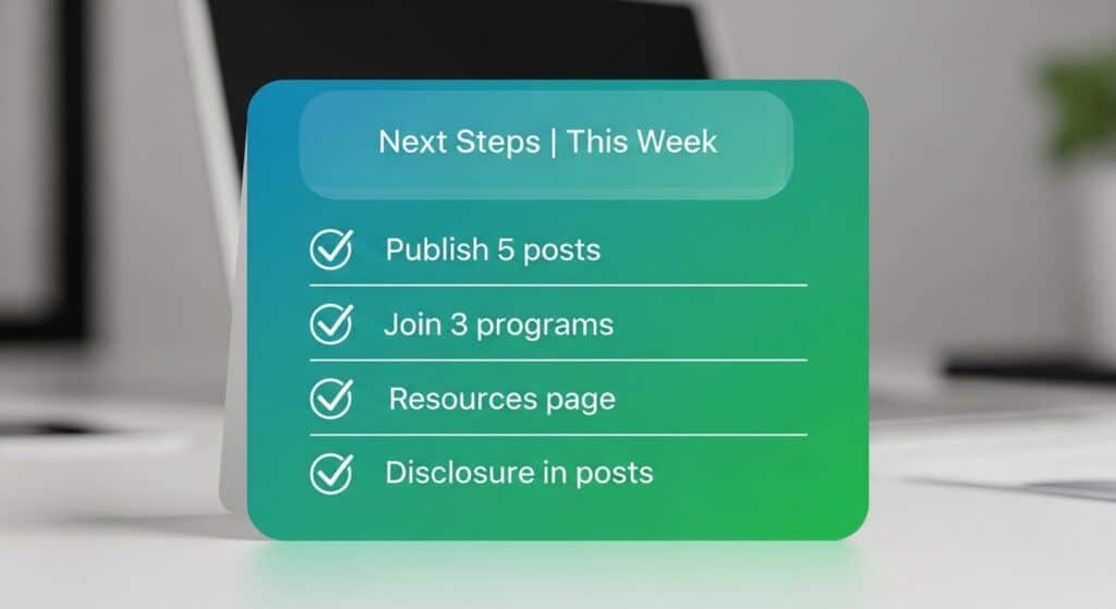 next steps checklist — publish 5 posts, join affiliate programs, resources page, disclosure