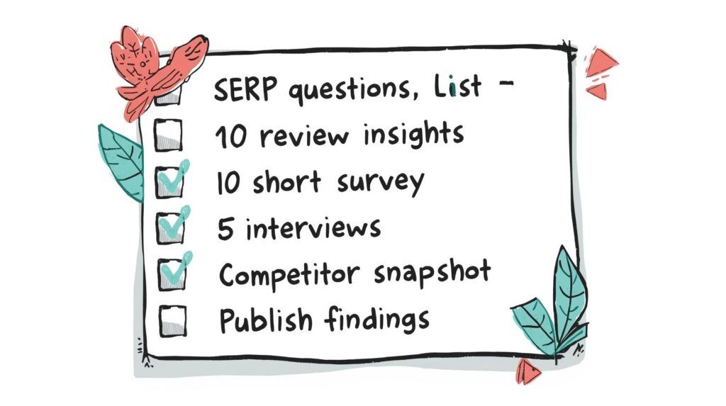 Checklist with six action items to complete market research this week.