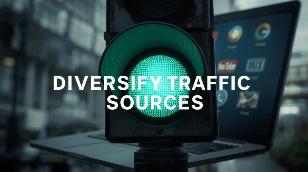 Conceptual traffic light with only one path lit, icons for Google, YouTube, Email in background.