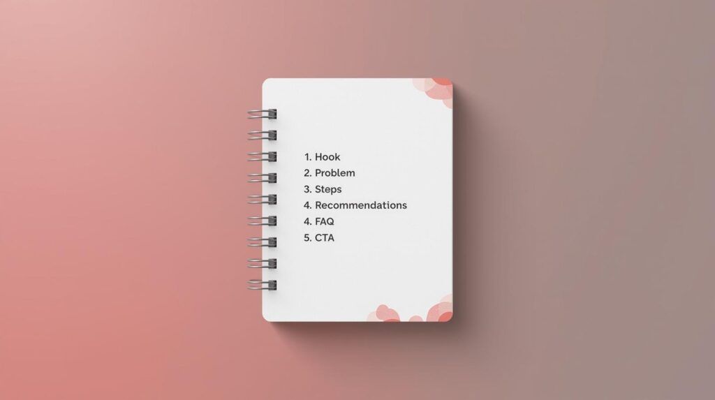 Notebook-style outline with sections: Hook, Problem, Steps, Recommendations, FAQ, CTA.
